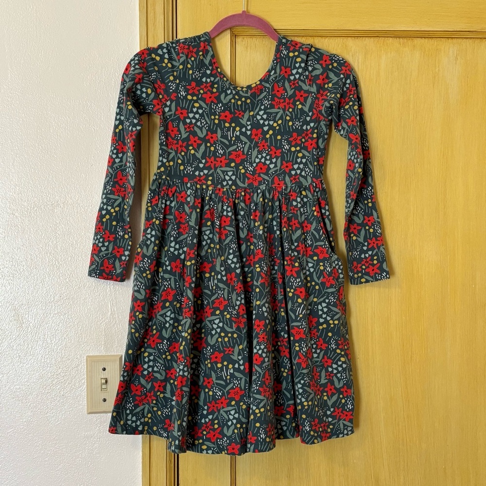 Hanna Andersson Green, red, and yellow Floral Dress, stretch cotton with pockets